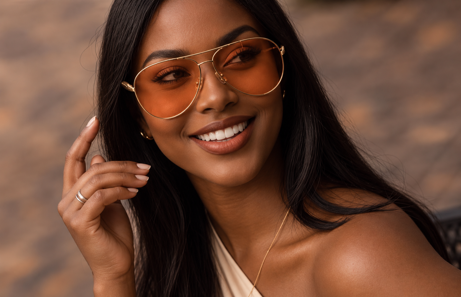 Gold Frame- Orange Lens modeled view