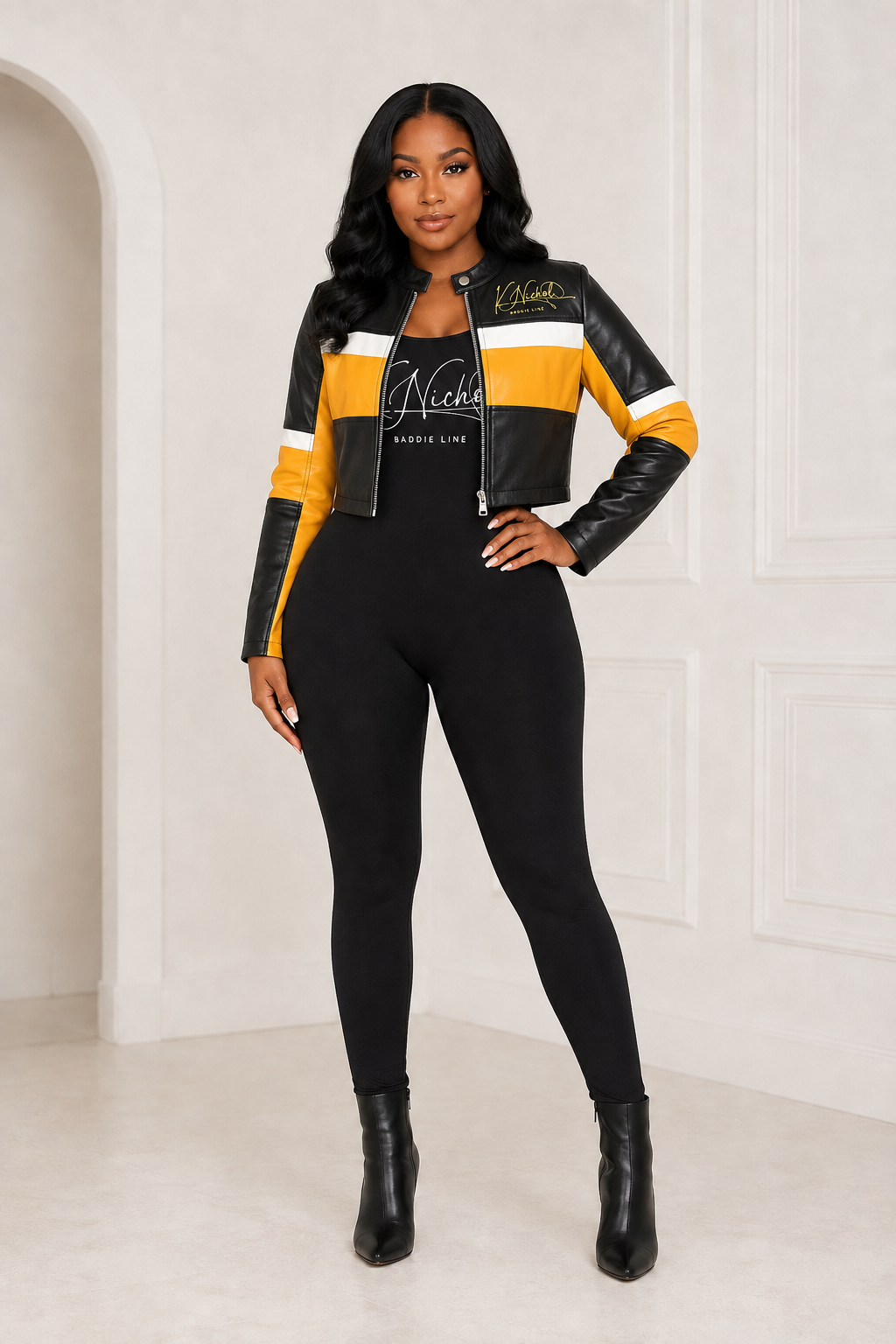 Front view of the K Nichol Baddie Line motorcycle jacket