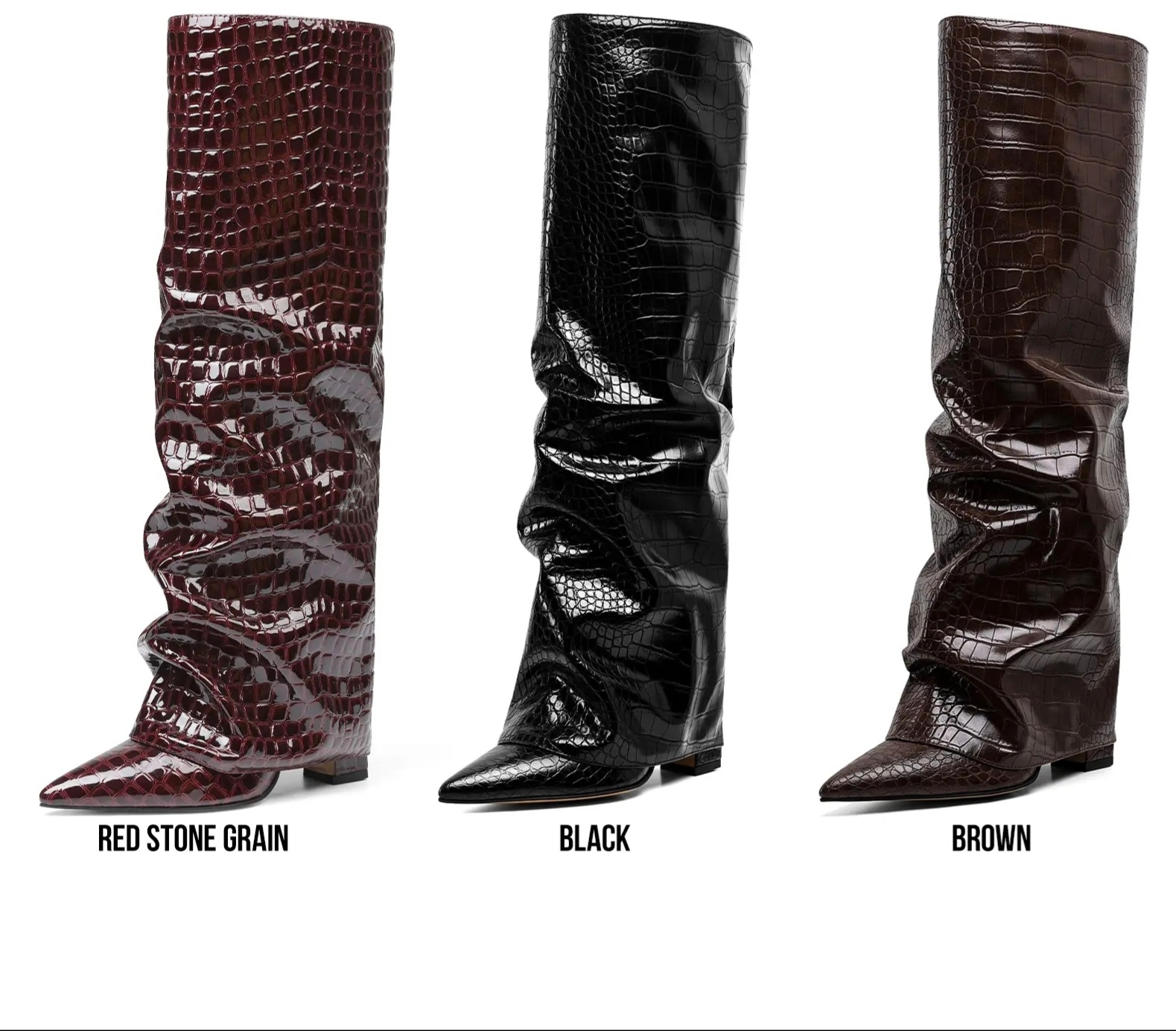 Crocodile-design slouchy boots in Red Stone Grain, Black, and Brown