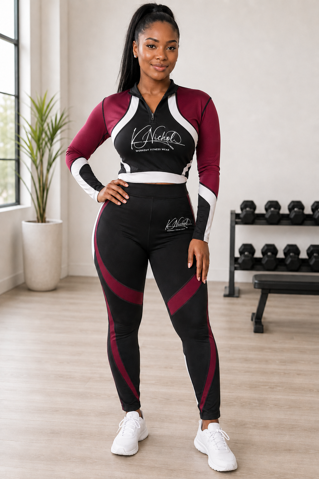 Front view of the burgundy, black, and white K Nichol workout fitness wear set