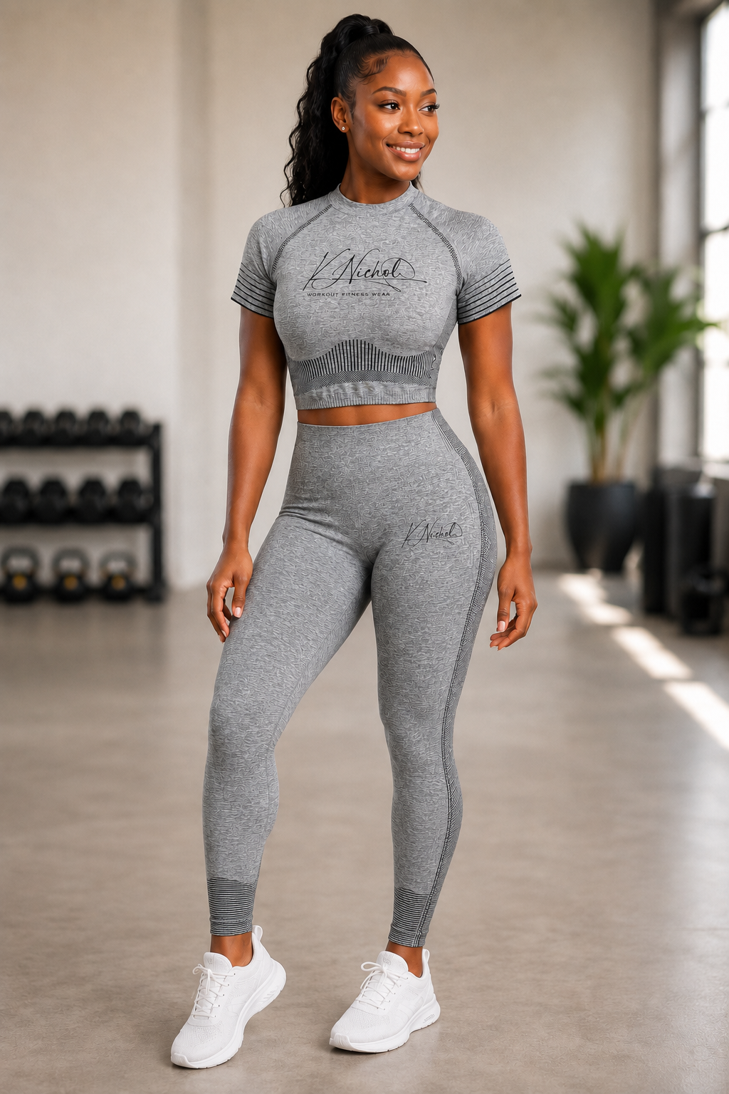 Front view of the K Nichol gray workout fitness wear set