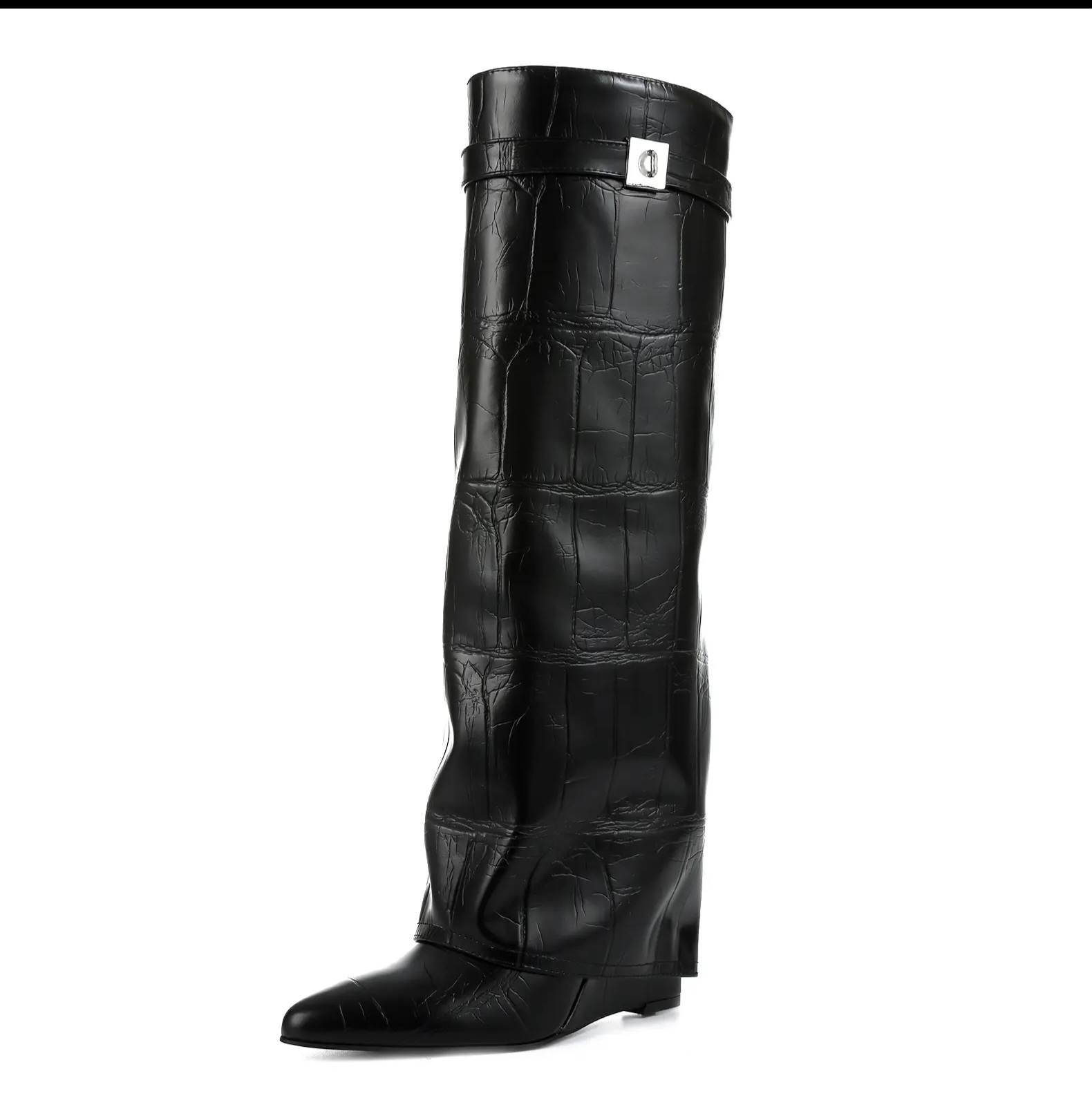 Black textured fold-over knee-high boot