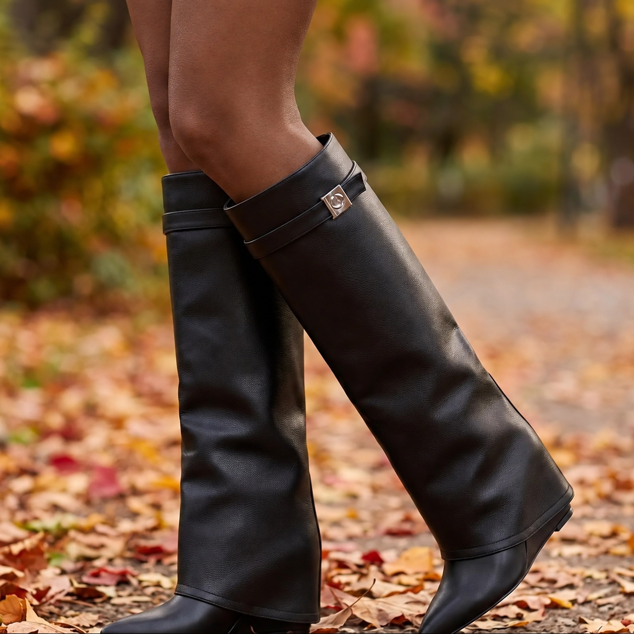 Black fold-over knee-high boots