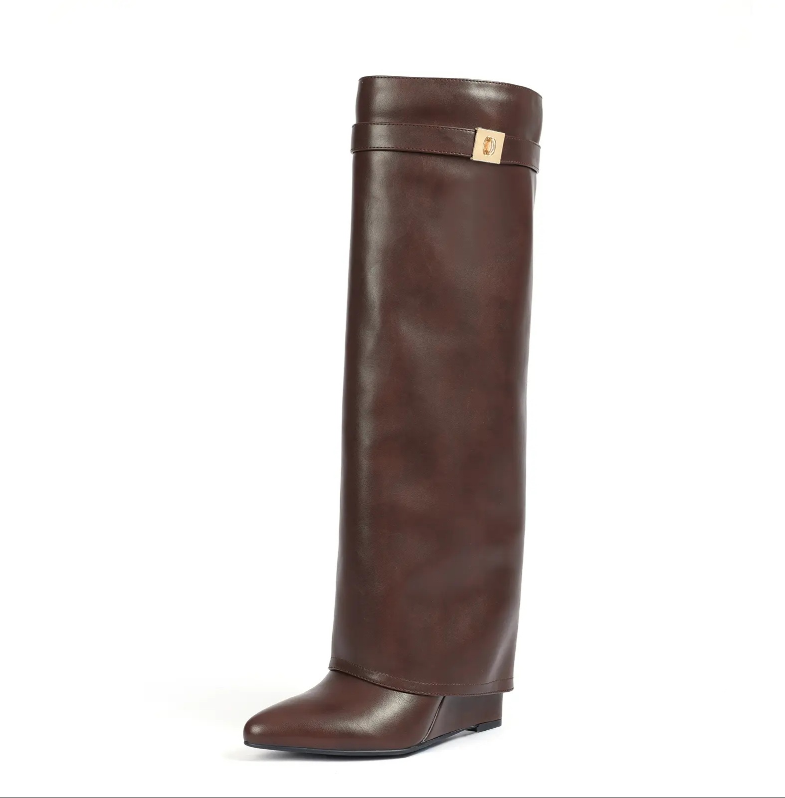 Brown fold-over knee-high boot