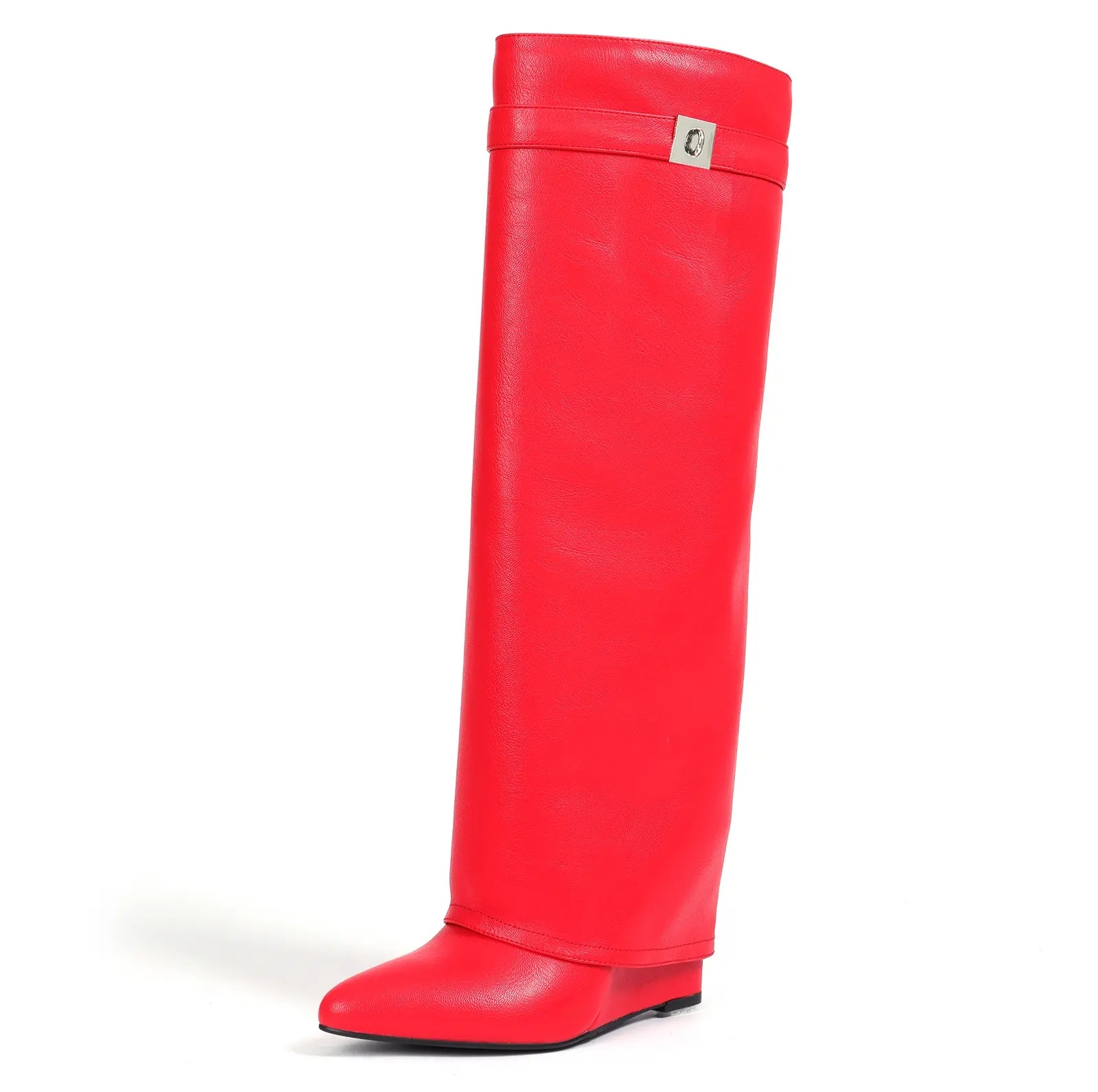 Red fold-over knee-high boot
