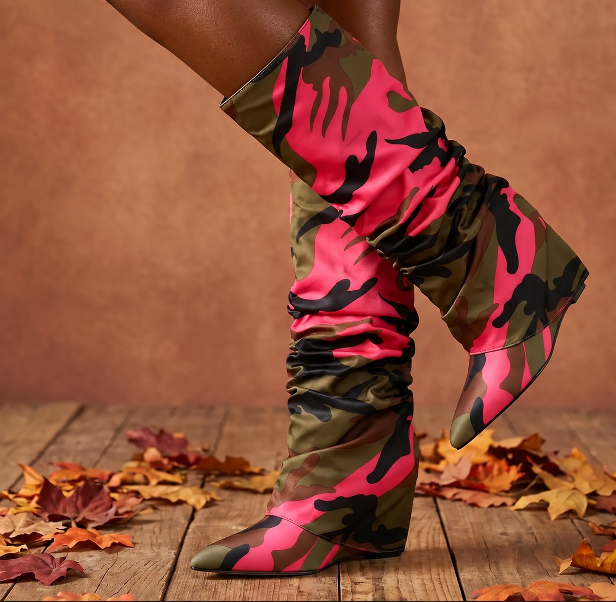 Pink Camouflage slouchy knee-high boots