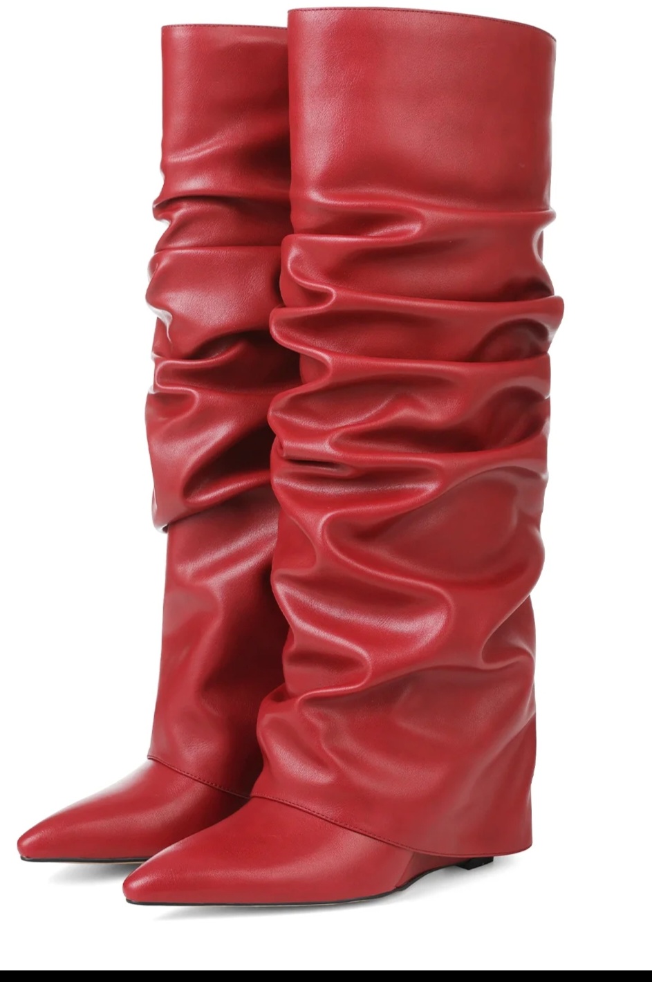 Red K Nichol women’s fold-over slouchy boots fully visible from shaft opening to pointed toe