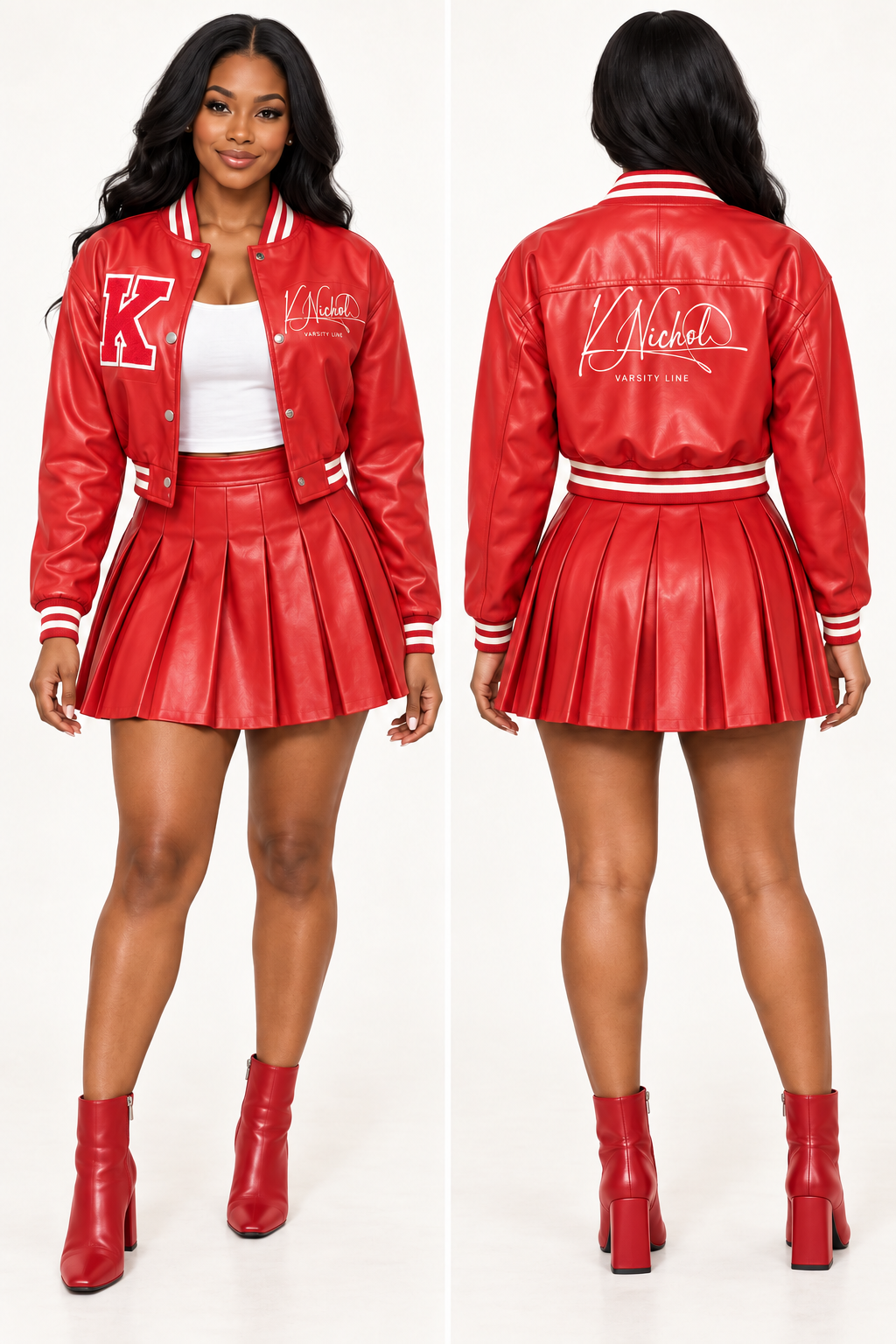 Front and back views of the red K Nichol Varsity jacket and red faux-leather pleated skirt